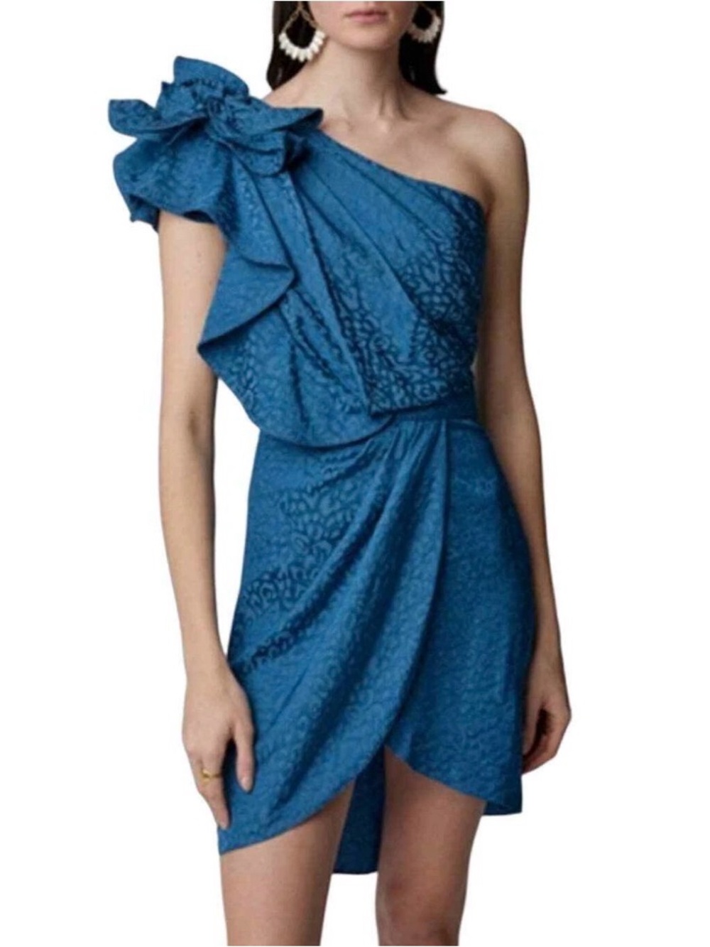 Johanna Ortiz Opponent Interpretation Blue Jacquard Flower One-Shoulder Dress 8